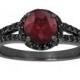 Garnet & Black Diamond Engagement Ring Vintage Style 14k Black Gold 1.45 Carat Unique Halo HandMade Birth Stone