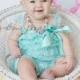 SET-Blue Aqua Lace Petti Romper-Lace Headband-Baby Girl Clothes-Preemie-Newborn-Infant-Child-Toddler-Baptism-Wedding-Flower Girl Dress-Pearl