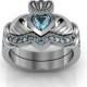 Sterling Silver Blue Topaz  Claddagh  Love and  Friendship Engagement Ring Set