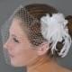 Bandeau 901 -- VEIL SET w/ OSTRICH Feather Fascinator Hair Clip & Ivory or White Birdcage Blusher 9 Inch Veil for bridal wedding