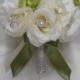Wedding Silk Flower Bride's Bouquet  Brooch Pearl Rhinestone Ivory roses Hunter Green rosebuds Boutonnieres