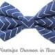 Blue Dog Collar Bow Tie, Wedding Pet Apparel, Removable and Adjustable - Pinstripe Chevron in Navy