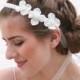 Wedding Flower Headband Pearl Tie Headpiece for Weddings with Ivory Flowers and Pearl Trim, Wedding Hair Bridal Headpiece Pearl Headband