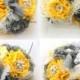 Brooch Bouquet  Vintage-Style in Ivory, Yellow and Charcoal Gray, Pewter with Feathers, Lace and Brooches