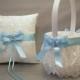 Light Blue Wedding Bridal Flower Girl Basket and Ring Bearer Pillow Set on Ivory or White ~ Double Loop Bow & Hearts Charm ~ Allison Line