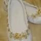 Wedding Flats Ivory/Gold Shoes elegantly decorated with handmade brooch