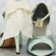 Wedding Shoes -- Mint Peep Toe Wedding Shoes with Ivory Lace Overlay Bow and Pearl Covered Ankle Strap