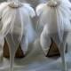 Wedding Bridal Feather Shoe Clips - set of 2 - Sparkling Crystal Navette Rhinestone Accents - white
