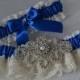 Wedding Garter Set - Royal Blue Garters with Ivory Raschel Lace and Crystal Rhinestone Applique