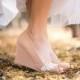 Wedding Shoes -  Nude Peep-Toe Wedge, Nude Wedding Heels, Nude Wedges, Bridal Shoes with Ivory Lace. US size 9