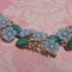 Vintage 1950s Bracelet Plastic Flowers Blue and Green Jade Estate Bridal Madmen Jewelry Madmen