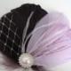 Wedding Bridal Eggplant Purple Lilac Feather Rhinestone Jewel White Veiling Head Piece Hair Clip Fascinator Accessory
