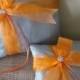 Wedding Ring Bearer Pillow - Orange Organza Bow on Silver Gray Tafetta SET