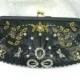 Vintage Black CLUTCH - ornate detail of gold-clear abd black beads - sequins - gold chain-black rope cloth chain - vintage WEDDING-FORMAL