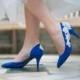 Bridal Shoes  - Cobalt Blue Wedding Shoes, Wedding Heels, Lace Heels with Ivory Lace. US Size 5.5