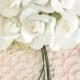Bouquet White Ivory Paper Flowers / Vintage Ivory Roses With Wire Stems / Set of 6 Blossoms In Each Bouquet