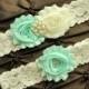 Wedding Garter, Bridal Garter Set - Ivory Lace Garter, Ivory Wedding Garter Belt, Mint Wedding Garter, Mint Bridal Garter, Mint Garter