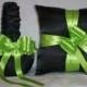 Black Satin With Apple Green (Lime) Ribbon Trim Flower Girl Basket And Ring Bearer Pillow