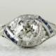 Art Deco Platinum Filigree Engagement Ring. Circa 1920s Diamond & Sapphire Engagement Ring.