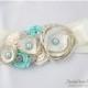Bridal Custom Sash / Wedding Bridesmaids Belt in Ivory, Aqua Mint, Antique Ivory with Brooches, Beads, Pearls, Crystals, Jewels,  Flowers