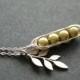 Pea pod necklace, green pea pot necklace, 4 peas in pod, silver leaf branch necklace, green peas, gift, everyday jewelry, sterling silver