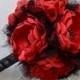 Red and Black Fabric Flower Bouquet - Heirloom Bouquet, Forever Bouquet, Fabric Bouquet, Fabric Flowers, Vintage Style