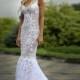 Lace Long Wedding Dress with Puddle Train -  Tulle Wedding Dress with Handmade Embellishments by Lace