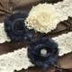 Wedding Garter Belt, Bridal Garter Set - Ivory Lace Garter, Keepsake Garter, Toss Garter, Shabby Chiffon Ivory Navy Blue, Something Blue