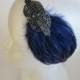 Blue Gatsby Headband Pewter Gray Beading, Blue Feather 1920s Party Flapper Headpiece, Pewter Beading Blue Feather headpiece