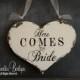Double Sided Heart Sign, HERE COMES the BRIDE Sign, And The Lived Happily Ever After, Vintage Wedding Sign, Chalkboard, Ring Bearer Sign