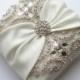 Wedding Ring Pillow with Rhinestone Detail, Ivory Satin Sash Cinched by Crystals - The ROSALINA Pillow