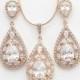 ROSE GOLD Jewelry Set Pink Gold Wedding Earrings and Necklace Set Cubic Zirconia Large Teardrops Bridal Jewelry Crystal