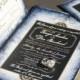 Blue parchment wedding invitations. Vintage pearls wedding invoitations. Broche wedding invitations.