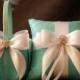 Wedding Ring Pillow and Flower Girl Basket Set - Tiffany Blue Silk with Satin Bows and Rhinestones- Helena