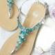 Something Blue Ombre Wedding Sandals Shoes for Beach, Destination Wedding with Rhinestone Crystal Strappy Silver Bridal Thong