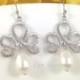 Silver Lotus Earrings - White Swarovski Pearl Teardrop Dainty Bridesmaids Earrings - Wedding Bridal Graduation Prom Jewelry