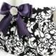 Pleated Clutch Purse Evening Bag Wedding Bride Bridesmaid--Black and White DANDY DAMASK with Deep Purple Satin Bow and Crystal Button
