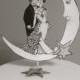 Black and White Wedding Cake Topper - Crescent Moon and Stars - Silver Screen- Bride And Groom - Silver Glitter Detail