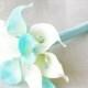 Silk Flower Wedding Bouquet - Medium Tiffany Blue or Aruba Calla Lilies Natural Touch with Crystals Silk Bridal Bouquet