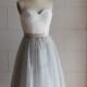 Strapless Ivory Lace Silver Grey Tulle Tea Length Short Wedding Dress/Bridesmaid Dress/Prom Dress