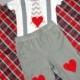 Valentine's Boy Tie and Suspenders Bodysuit, GET THE SET, Red Heart Knee Patch Pants, Newsboy Hat Chevron Tie Suspenders 1st Birthday