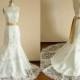 Vintage Inspired Lace Wedding Dress Mermaid Sweep Train Deep V Back Dress with Champagne Sash