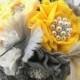 Brooch Bouquet  Vintage-Style in Ivory, Yellow and Dark Gray, Pewter with Feathers, Lace and Brooches