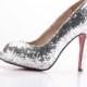 Hanamde blingbling silver sequin shoes for party or wedding , peep open toe prom pumps