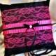 Black and hot pink lace wedding ring pillow, satin and lace ring bearer cushion.