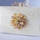 SALE Light Gold Fabric Wedding Bag Clutch Formal Evening Bag with Crystal Flower Accent
