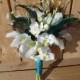 Real touch Calla lily and peacock bridal bouquet, groom's boutonniere, white calla lilies, orchids, peacock feathers, teal satin ribbon