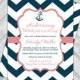 navy and coral wedding shower invitations - nautical bridal shower invite - chevron invitation - anchor - printable or printed (658)