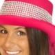 CLOSEOUT- Bling Bridal Top Hat with Veil in HOT PINK - Bachelorette Hat, Bride Hat, Bridal Hat