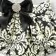 Pleated Clutch Evening Bag Purse Wedding  TRADITIONAL DAMASK Black and Ivory with Black Satin Bow and Clear Crystal